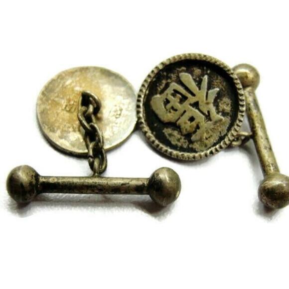 Chain Link Oriental Chinese Cufflinks Vtg Sterling Silver 925 Patina Hallmarked - Picture 4 of 8